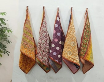 Kantha Kitchen Towel Set of 5 - Handmade Colorful Vintage Cotton Tea Towels with Hanging Loop, Soft & Durable Kitchen Towels, Mixed Assorted