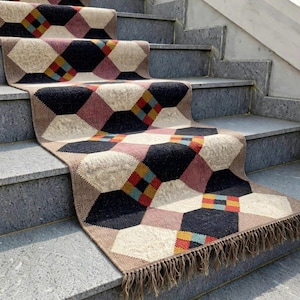 Colorful Octagon Kilim Rug-Handmade Wool Jute Rug-Scandinavian Geometric Area Rug, Boho Living Room Rug, Modern Moroccan Style Rug Runner