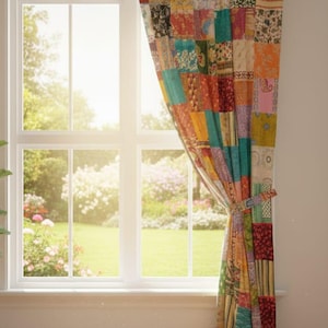 Puede incluir: Una colorida cortina de patchwork cuelga junto a una ventana blanca, con vistas a un jardín soleado. La cortina está hecha de varios cuadrados de tela en tonos de rojo, naranja, amarillo y azul. Una corbata a juego sujeta la cortina a un lado.
