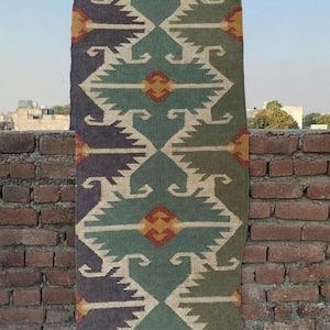 Handwoven Wool Jute Runner Rug, Boho Hallway & Stair Runner, Natural Kilim Carpet for Living Room, Rustic Home Decor, Handmade Jute Wool Rug