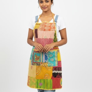 Grembiule da cucina in cotone bohémien, 1 pezzo, trapuntato, patchwork, stile vintage Kantha