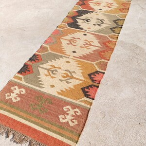 Handwoven Wool Jute Runner Rug, Boho Hallway & Stair Runner, Natural Kilim Carpet for Living Room, Rustic Home Decor, Handmade Jute Wool Rug