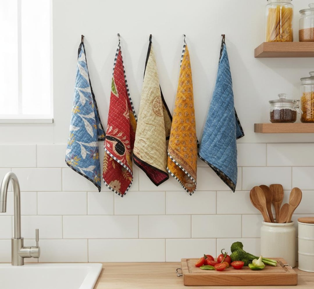 Kantha Kitchen Towel Set of 5 - Handmade Colorful Vintage Cotton Tea Towels with Hanging Loop, Soft & Durable Kitchen Towels, Mixed Assorted - 10X10 INCHES