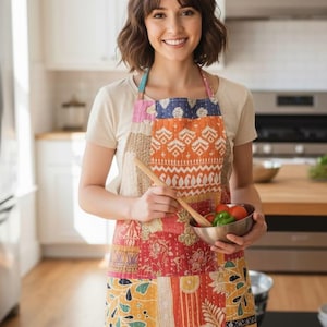 Könnte beinhalten: Ein bunter Patchwork-Schürze mit verschiedenen Mustern und Farben, darunter Rot, Orange, Gelb und Blau. Die Schürze wird von einer Person getragen, die einen Holzlöffel und eine Metallschüssel mit Gemüse hält. Die Küche hat weiße Schränke und Holzböden.