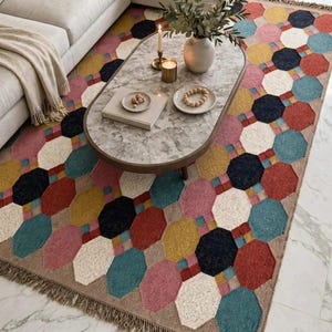 Multicolor Octagon Kilim Rug - Pink Teal Mustard Black Red Cream Geometric Rug, Handmade Wool Jute Area Rug, Boho Scandinavian Living Room