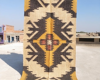 Handwoven Wool Jute Rug – Boho Kilim Dhurrie, Natural Flatweave Area RugHandwoven Wool Jute Kilim Runner Rug: Bohemian Stair Hallway Decor