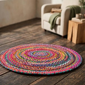 May include: A round, braided area rug featuring a vibrant, multi-coloured pattern with concentric circles of pink, blue, yellow, green, and orange fabric strips woven together to create a textured, circular surface design.