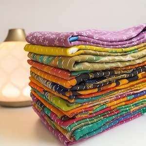 Kantha Kitchen Towel Set of 5 - Handmade Colorful Vintage Cotton Tea Towels with Hanging Loop, Soft & Durable Kitchen Towels, Mixed Assorted