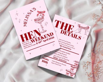 May include: Pink hen weekend invitations with red text. One card reads "Melissa's Hen Weekend" with a cocktail illustration. The other card lists details including a cocktail party and brunch.