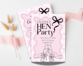 Pink and Black Bow Hen Party Invitation | Digital Template | Canva Template | Instant Download