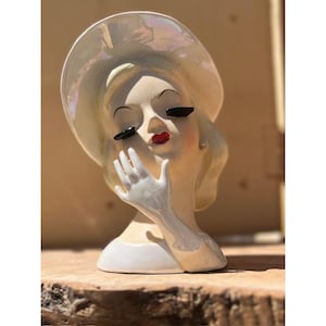 Vintage Leftons 1115 Face Vase Iridescent Lady Head Vase Planter Retro MCM Ceramic Makeup Holder