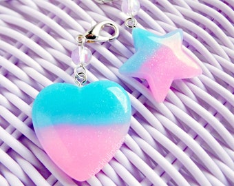 AS IS - 1pc Kawaii Charm, Pastel Charms,  Bag Charm, Pastel Heart Star Charm, Fairy Kei, Zipper Pull, Glitter Resin Charms