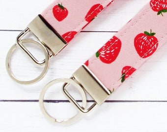 1pc Kawaii Keychains Cute Doodle Strawberry Pastel Pink Fabric Ring Cute Keyrings Key Fob Wristlet - Choose Size