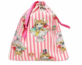 Cute Coquette Style Pouch, Girly Cat, Cute Pastel Bag for Makeup, Dice Bag, Drawstring Bag, Japanese Fabric