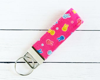 Kawaii Keychains Fabric Key Fob Key Ring Cute Keyrings Pastel Bunny Rabbits Hot Pink Fabric Wristlet