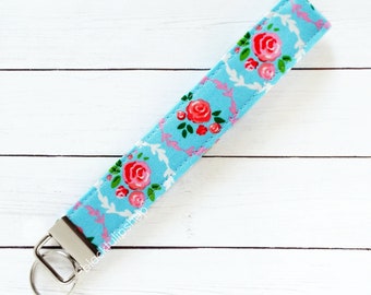 Keychain, Keyring, Fabric Wristlet, Key Fob, Retro Roses Fabric, Small Gifts