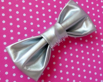 Silver Hair Bow Clip Barrette Pastel Goth Soft Vinyl Retro 80s Small Hair Accessory for Teens Women