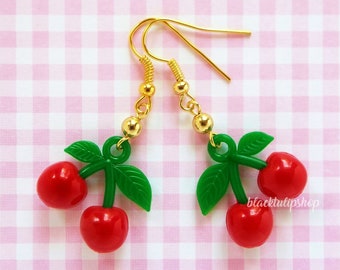 Cherry Earrings, Fruit Jewelry, Kawaii Earrings, Kitsch Plastic Jewelry, Retro,Rockabilly, Pinup
