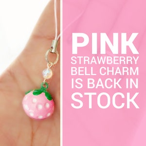 AS IS 1pc Pastel Pink Strawberry Bell Charm Kawaii Strawberry Charms Jingle Bell Cell Phone Charm Pink Strawberries Fairy Kei Planner Charms image 2