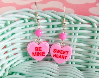 Cute Valentine's Day Jewelry, Kawaii Pink Heart Earrings, Candy Heart Jewelry, Conversation Hearts Charm