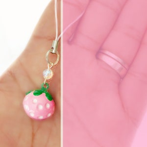 AS IS 1pc Pastel Pink Strawberry Bell Charm Kawaii Strawberry Charms Jingle Bell Cell Phone Charm Pink Strawberries Fairy Kei Planner Charms White Loop