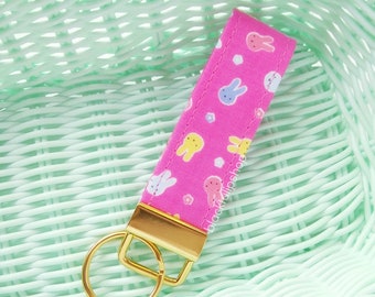 Kawaii Keychains Cute Bunnies Fabric Key Fob Key Ring Cute Keyrings Japanese Fabric Wristlet Bunny Rabbit Pink Fabric