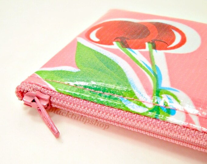 Coin Purse Small Zipper Pouch Retro Rockabilly Oilcloth Pink Cherry