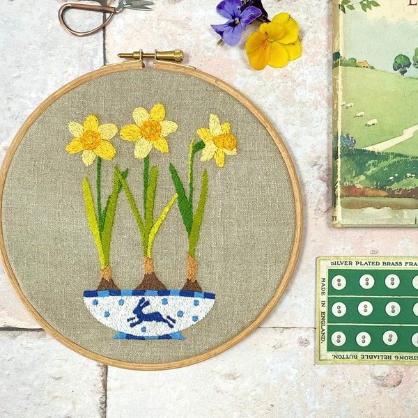 Bowl of Daffodils Spring Flowers Hand Embroidery Hoop pattern pdf file instant download