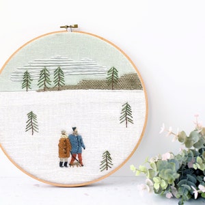 Winter Walk Embroidery Pattern: Christmas Landscape Hoop Art (PDF Download)