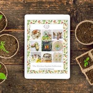 Peut inclure: Une tablette numérique affichant une collection de motifs de broderie sur le thème du jardin potager. La tablette est entourée de petits pots de semis, représentant le thème des motifs de broderie.