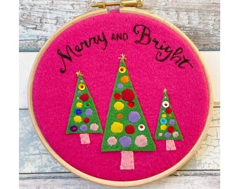 Merry and Bright Christmas Hoop Easy Hand Embroidery Pattern pdf instant download