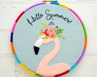 Summer Flamingo Hand Embroidery hoop pattern instant download