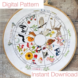 Wheel of the Year phenology wheel hand embroidery DIGITAL PATTERN ONLY to embroider the months and seasons instant download pdf