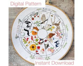 Wheel of the Year phenology wheel hand embroidery DIGITAL PATTERN ONLY to embroider the months and seasons instant download pdf