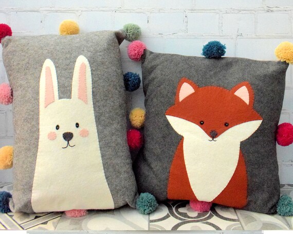 Chic Pompom Cushions Cute Animal Applique Nursery Children - Etsy UK