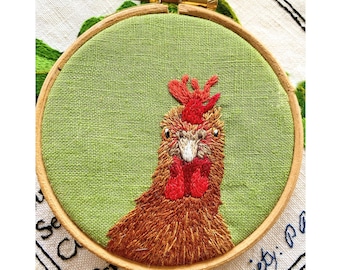 Squawk Chicken Hand Embroidery Hoop instant download pdf pattern hen hoop pattern