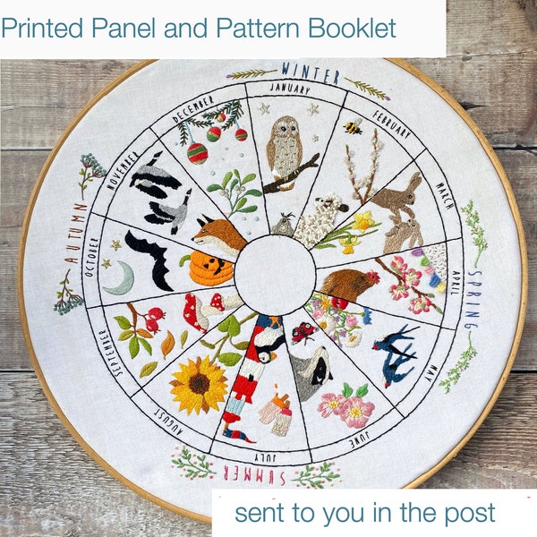 Wheel of the Year phenology wheel hand embroidery mini kit calendar pattern to embroider the months and seasons as hoop art