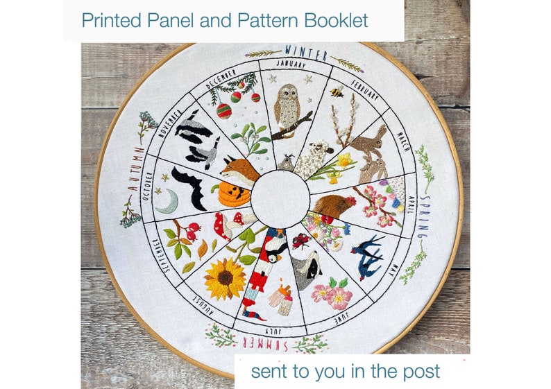 Wheel of the Year phenology wheel hand embroidery mini kit calendar pattern to embroider the months and seasons as hoop art image 1
