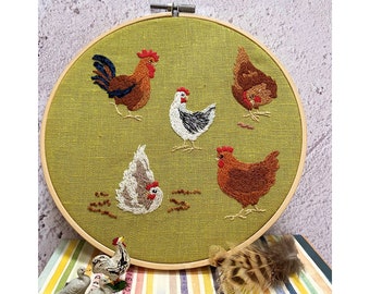 A Hoop Full of Hens (and a Rooster or Cockerel) hand embroidery pattern pdf file instant download chickens stitching