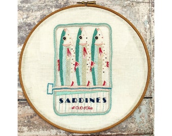 Tin of Sardines contemporary modern hand embroidery pattern pdf file instant download