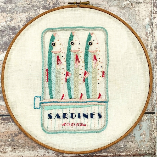 Tin of Sardines contemporary modern hand embroidery pattern pdf file instant download