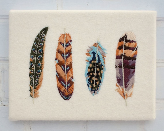 Four Painterly Feathers Hand Embroidery Pattern pdf instant download  digital pattern