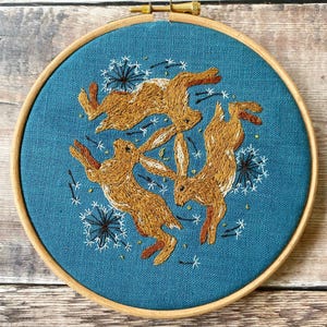 Pu&ograve; includere: Un telaio da ricamo rotondo con tessuto color teal con un disegno di tre lepri marroni che saltano in cerchio. Sono inclusi anche denti di leone ricamati in bianco e nero. Il telaio in legno ha una chiusura in ottone.