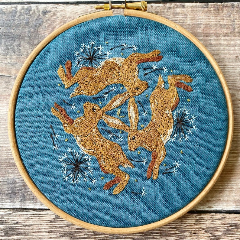 Pu&ograve; includere: Un telaio da ricamo rotondo con tessuto color teal con un disegno di tre lepri marroni che saltano in cerchio. Sono inclusi anche denti di leone ricamati in bianco e nero. Il telaio in legno ha una chiusura in ottone.