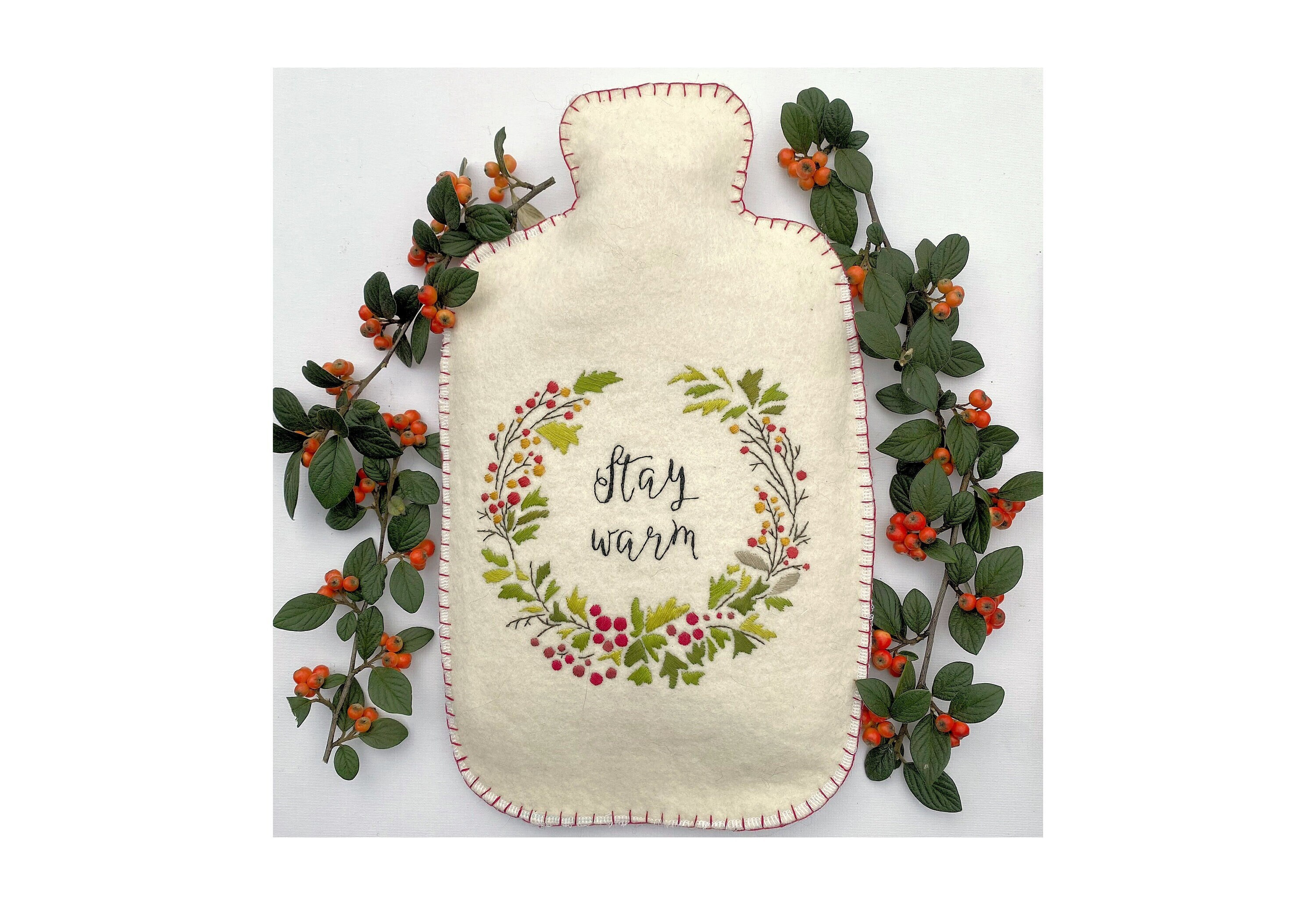 Stay Warm Hottie Cosy pdf instant download embroidery pattern botanical contemporary design for hot water bottle cover