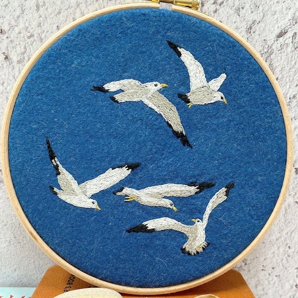 Across the Waves Seagulls in Flight hand embroidery pattern coastal seaside theme pdf instant download