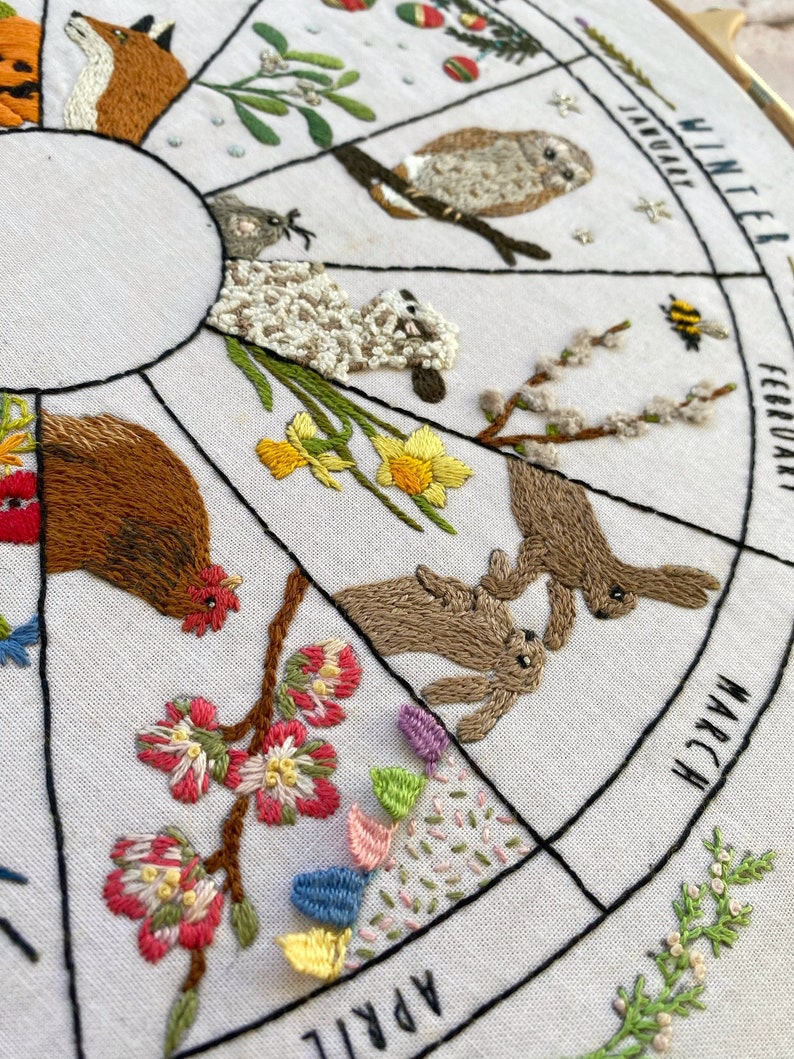 May include: Embroidered hoop art depicting a calendar of the months of the year with various animals and plants. The months are labeled in a circle around the hoop, with January at the top and December at the bottom. The animals and plants are embroidered in different colors, including red, green, blue, yellow, and brown.