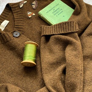 May include: A brown knitted cardigan with a button closure and a small green spool of thread. The cardigan has three embroidered butterflies on the front. A green book titled "The Observer's Book of Common Insects & Spiders" is tucked into the cardigan's pocket.