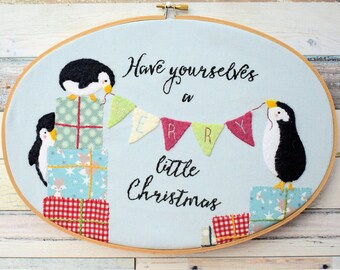 Merry Little Christmas Penguins Hand Embroidery Hoop Decoration instant download pattern