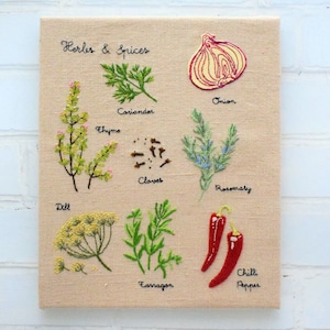 Gráfico de pared de hierbas y especias, patrón de bordado a mano, descarga instantánea en formato PDF, bordado botánico contemporáneo, arte de pared para cocina, proyecto de artesanía